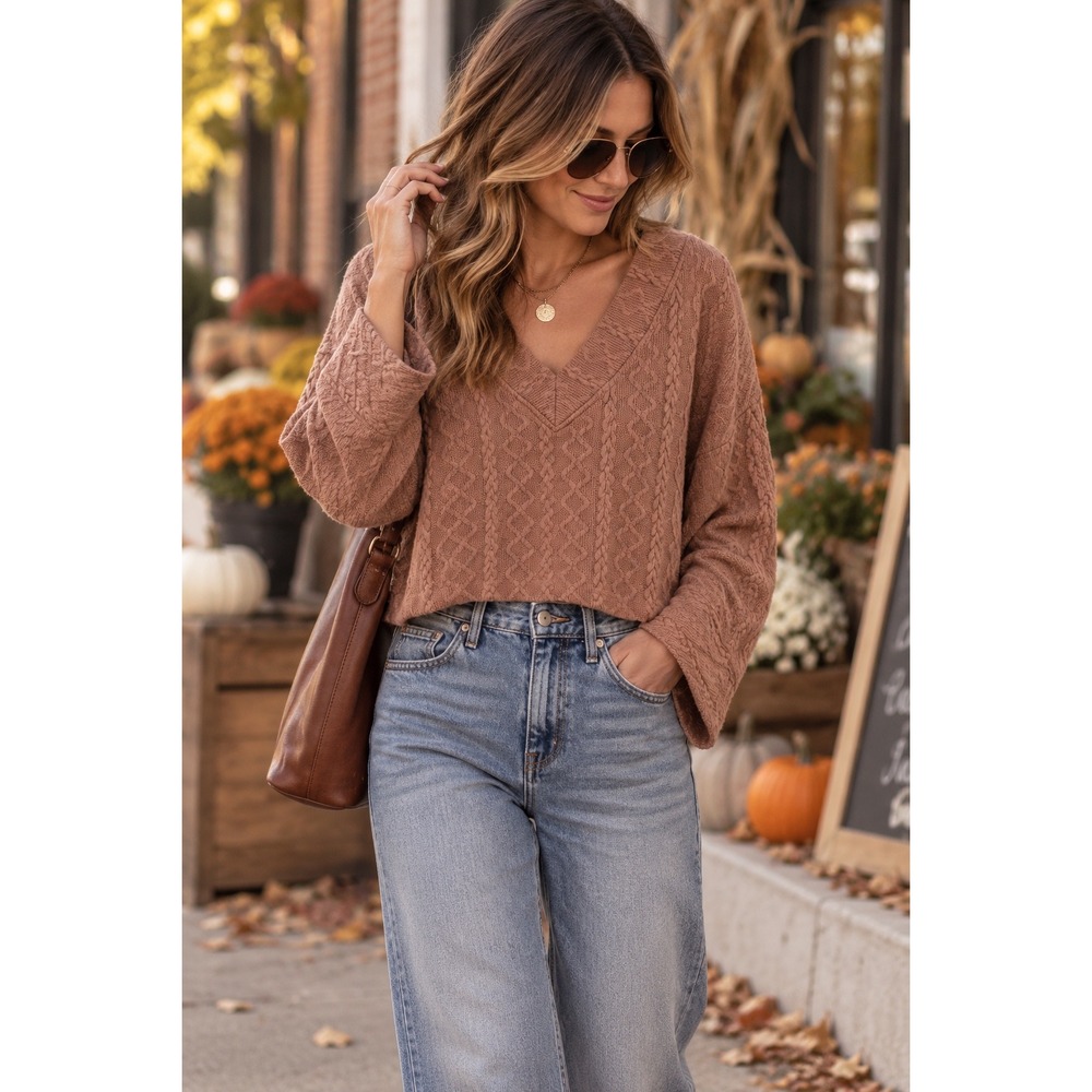Entro Terracotta Rust Cable Knit V-Neck Cropped Boho Boxy Sweater Sz S